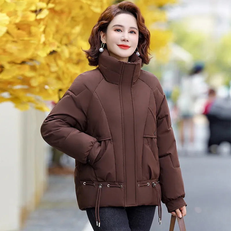 Thickened Quilted Windproof Puffer Jacket for Women with Drawstring Hem