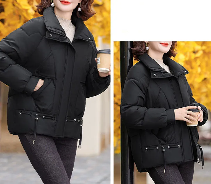 Thickened Quilted Windproof Puffer Jacket for Women with Drawstring Hem