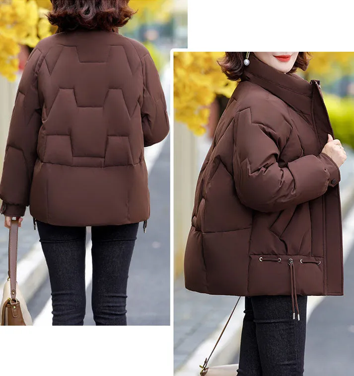 Thickened Quilted Windproof Puffer Jacket for Women with Drawstring Hem