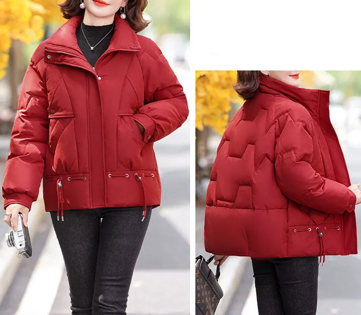 Thickened Quilted Windproof Puffer Jacket for Women with Drawstring Hem