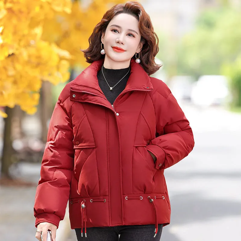 Thickened Quilted Windproof Puffer Jacket for Women with Drawstring Hem