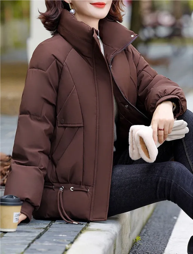 Thickened Quilted Windproof Puffer Jacket for Women with Drawstring Hem