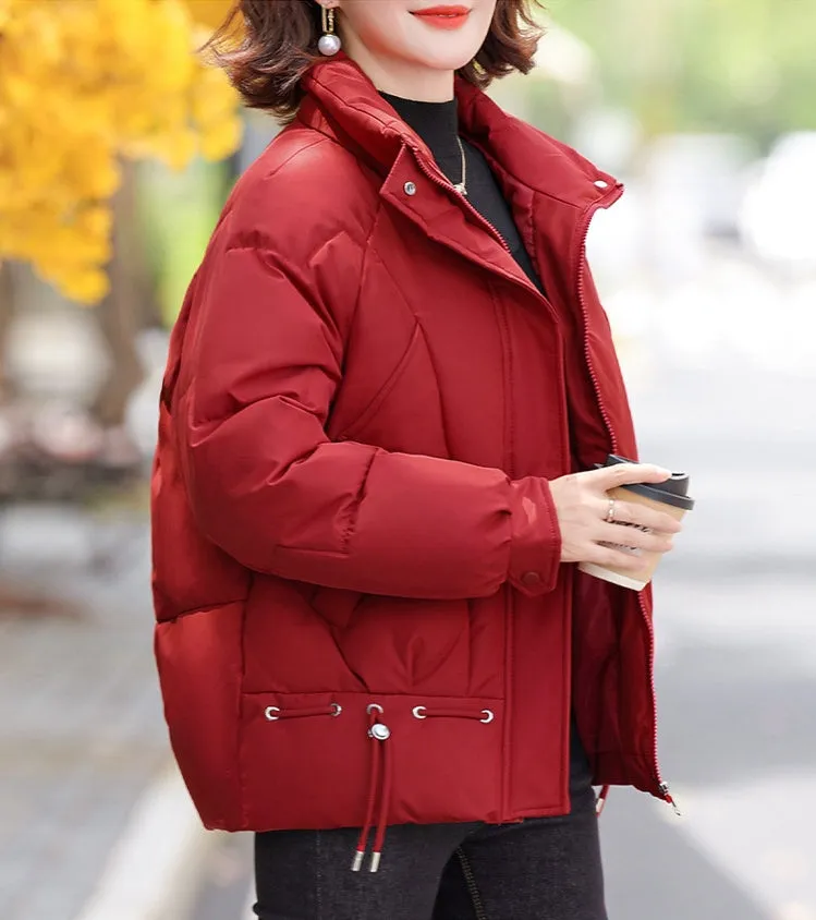 Thickened Quilted Windproof Puffer Jacket for Women with Drawstring Hem