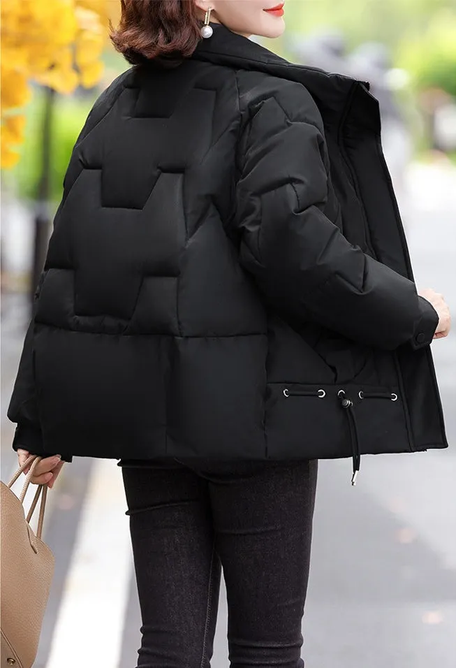 Thickened Quilted Windproof Puffer Jacket for Women with Drawstring Hem