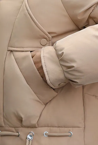 Thickened Quilted Windproof Puffer Jacket for Women with Drawstring Hem