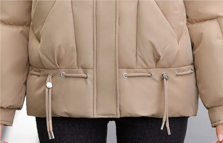 Thickened Quilted Windproof Puffer Jacket for Women with Drawstring Hem