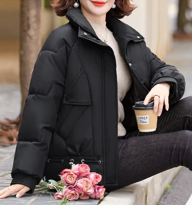 Thickened Quilted Windproof Puffer Jacket for Women with Drawstring Hem