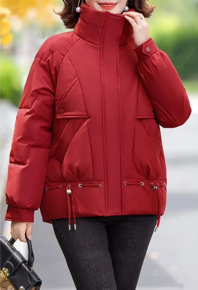 Thickened Quilted Windproof Puffer Jacket for Women with Drawstring Hem