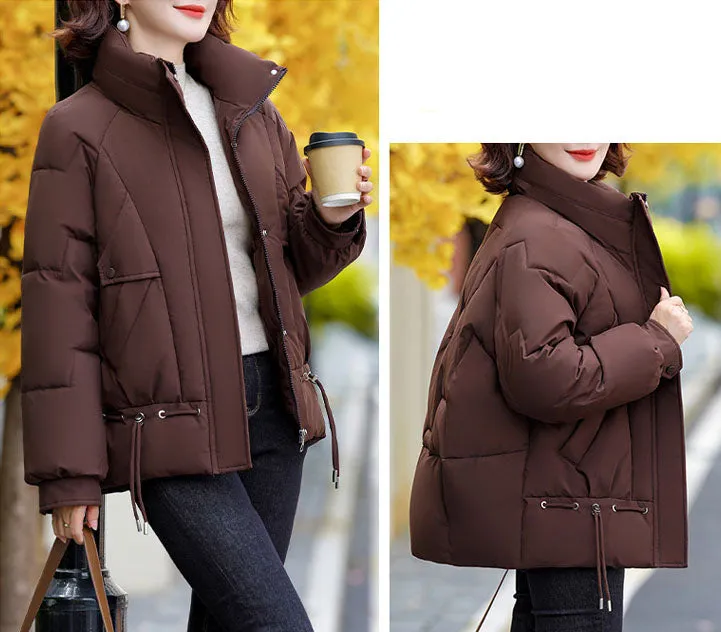 Thickened Quilted Windproof Puffer Jacket for Women with Drawstring Hem