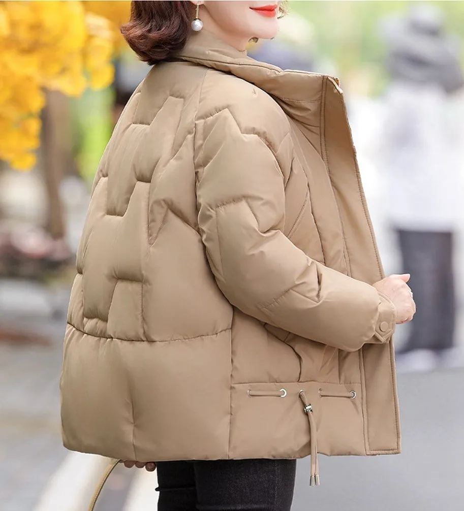 Thickened Quilted Windproof Puffer Jacket for Women with Drawstring Hem