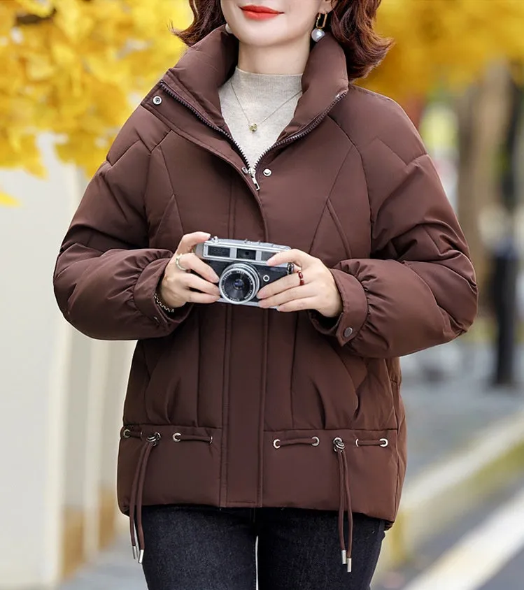 Thickened Quilted Windproof Puffer Jacket for Women with Drawstring Hem