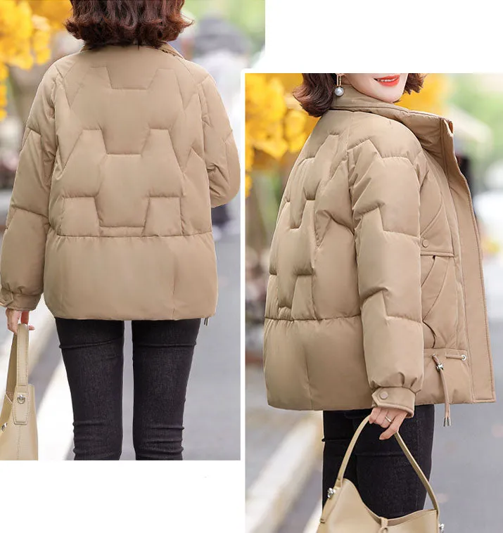 Thickened Quilted Windproof Puffer Jacket for Women with Drawstring Hem