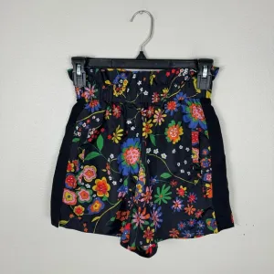 Tibi Floral High Rise Paper Bag Shorts Size XXS Black Multicolor Pockets