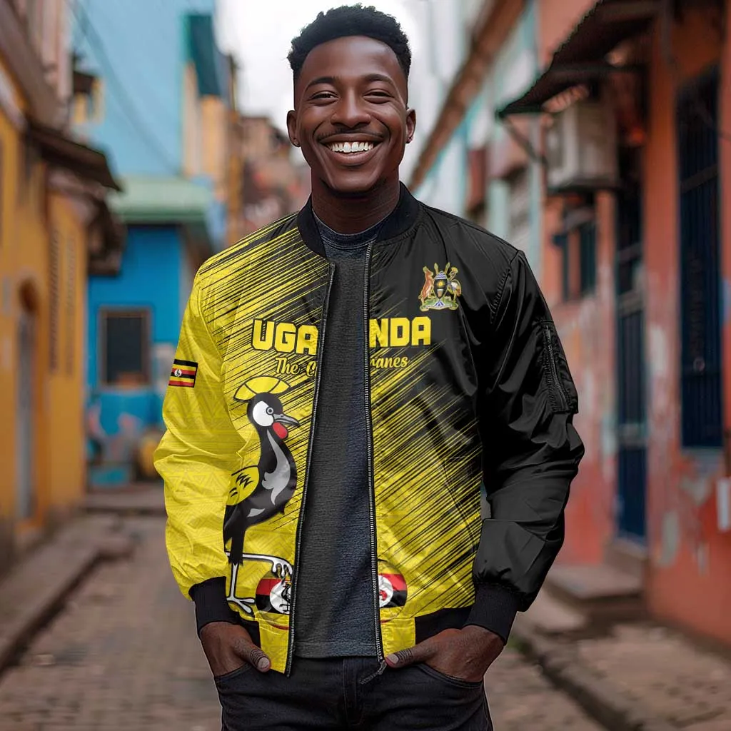 Uganda Football Custom Sleeve Zip Bomber Jacket African Pattern Mix Grunge Style - Yellow Color LT15