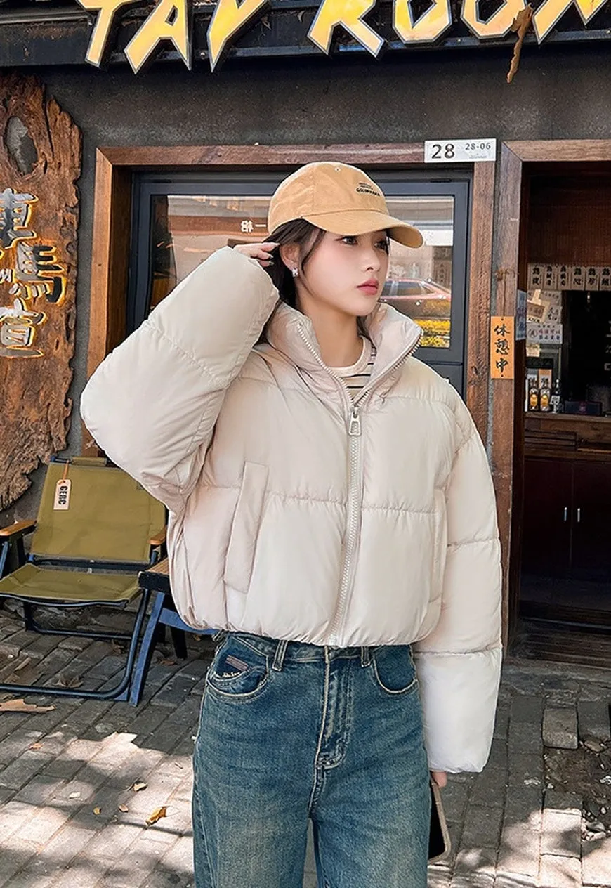 Water-resistant and Windproof Solid Color Quilted Puffer Jacket for Women