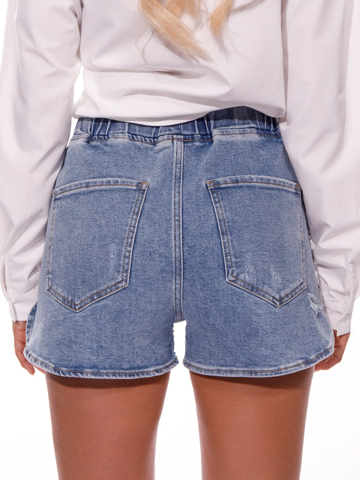 WOMEN'S ELASTIC WAIST POCKETS STUDS DETAILED DENIM SHORTS