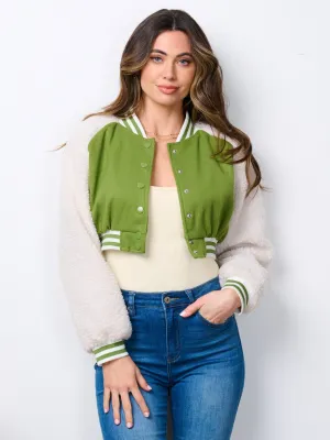 WOMEN'S LONG SLEEVE BUTTON UP SHERPA CROP JACKET