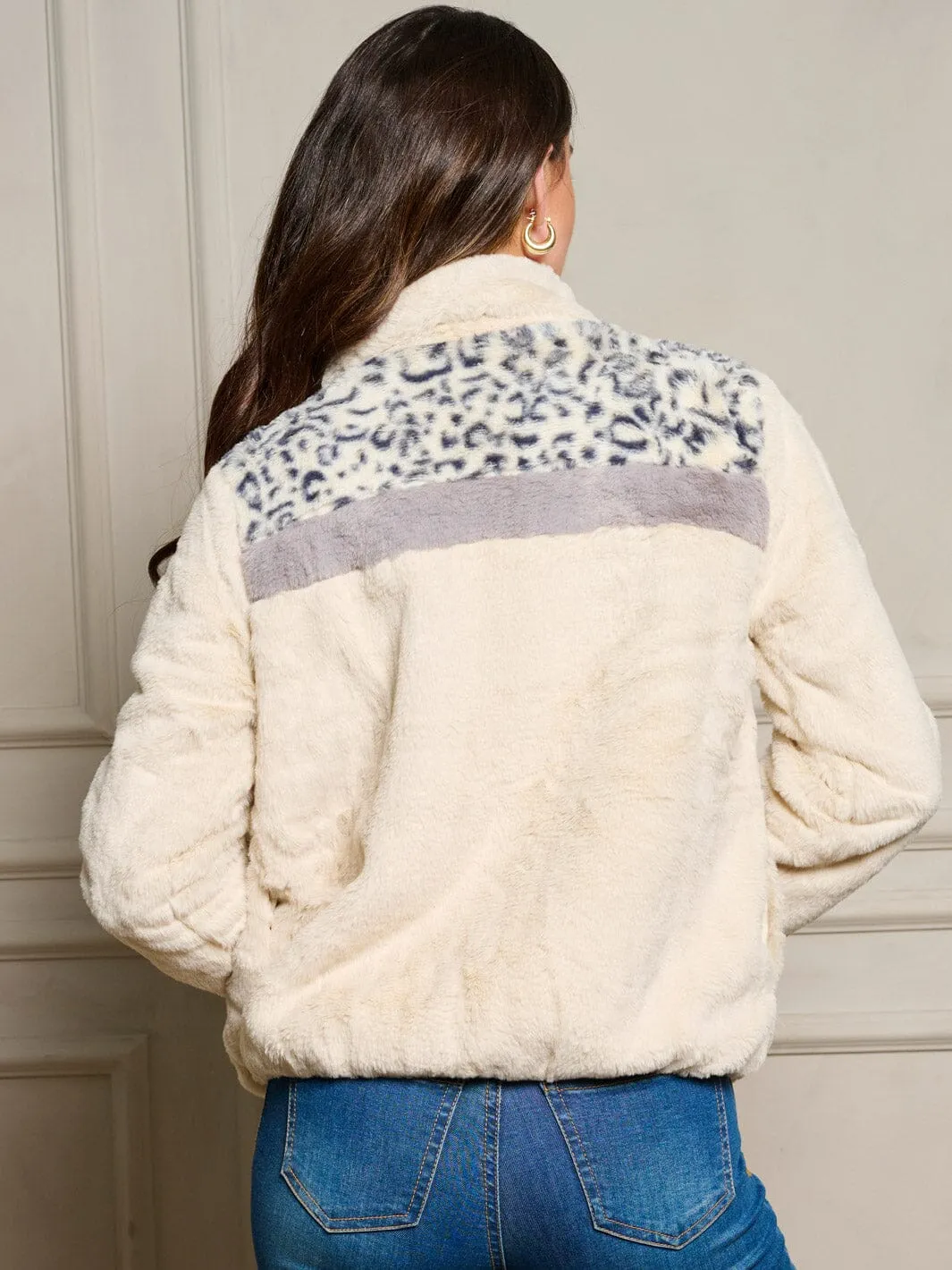 WOMEN'S LONG SLEEVE POCKETS ZIP UP SHERPA ANIMAL PRINT JACKET
