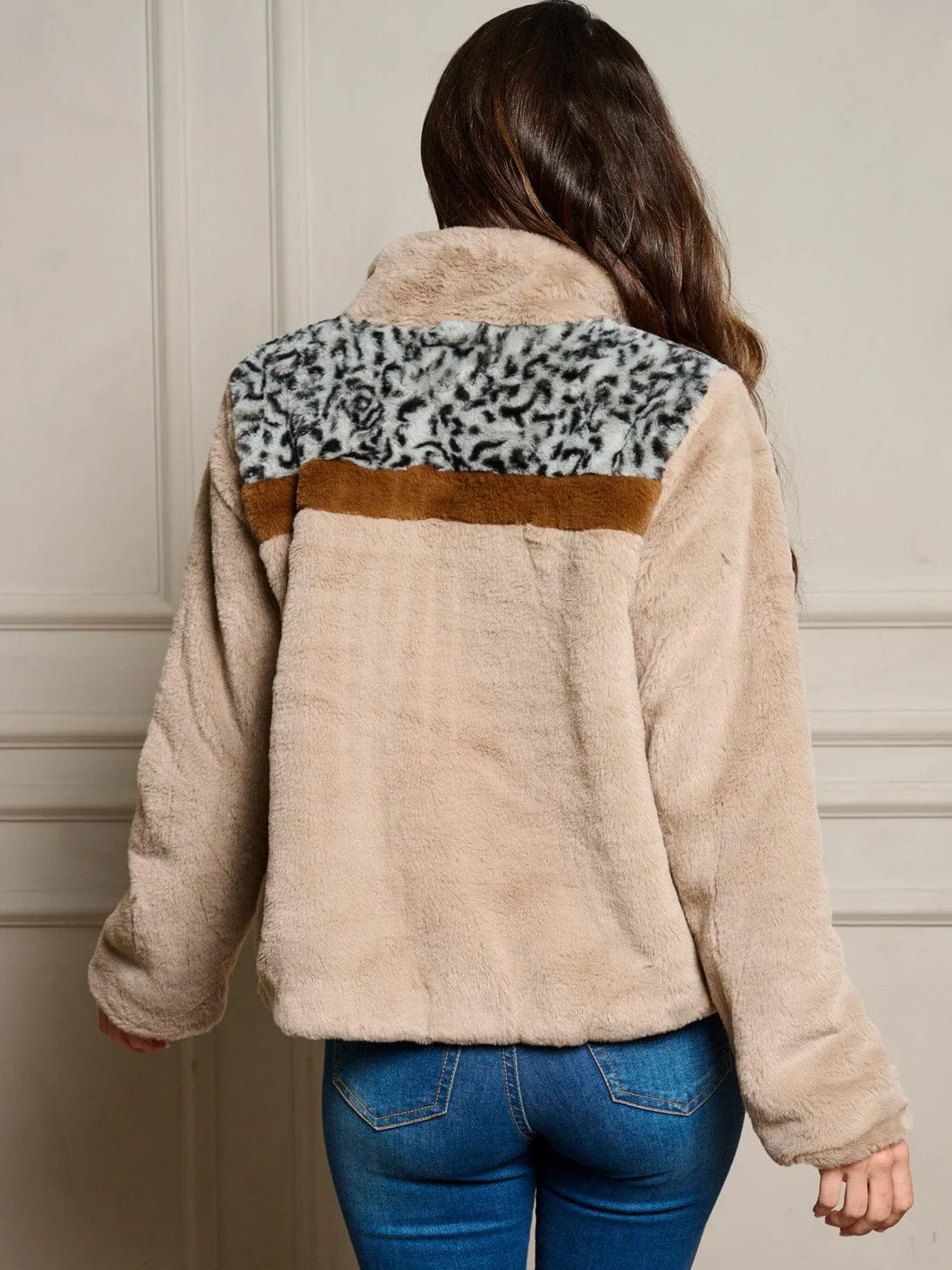 WOMEN'S LONG SLEEVE POCKETS ZIP UP SHERPA ANIMAL PRINT JACKET
