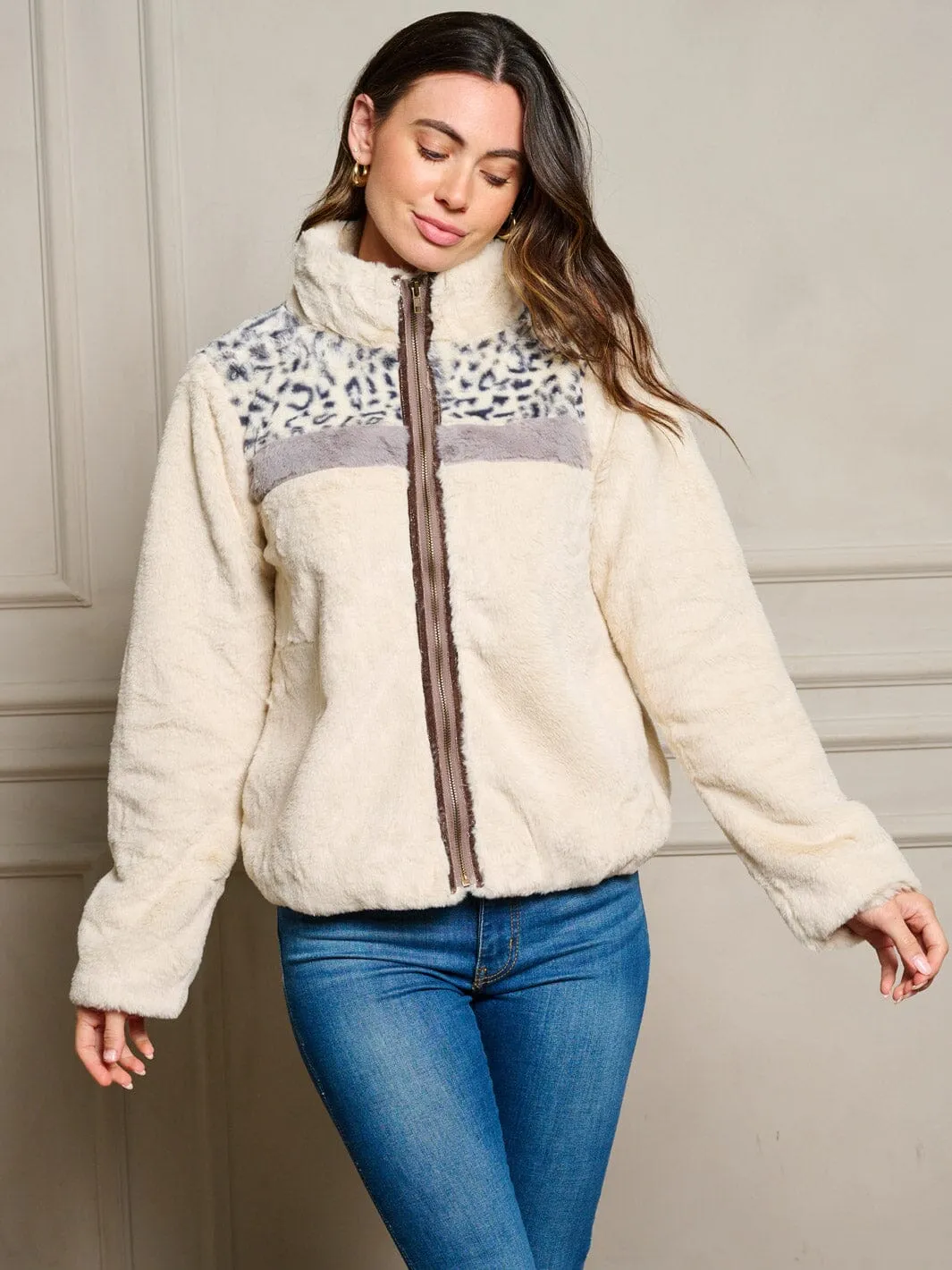 WOMEN'S LONG SLEEVE POCKETS ZIP UP SHERPA ANIMAL PRINT JACKET