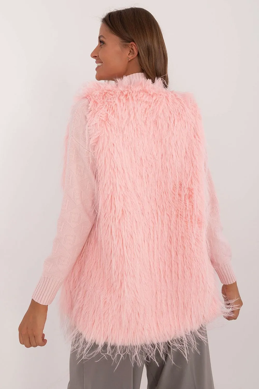 Women's Pink Furry Waist Length Vest Gilet