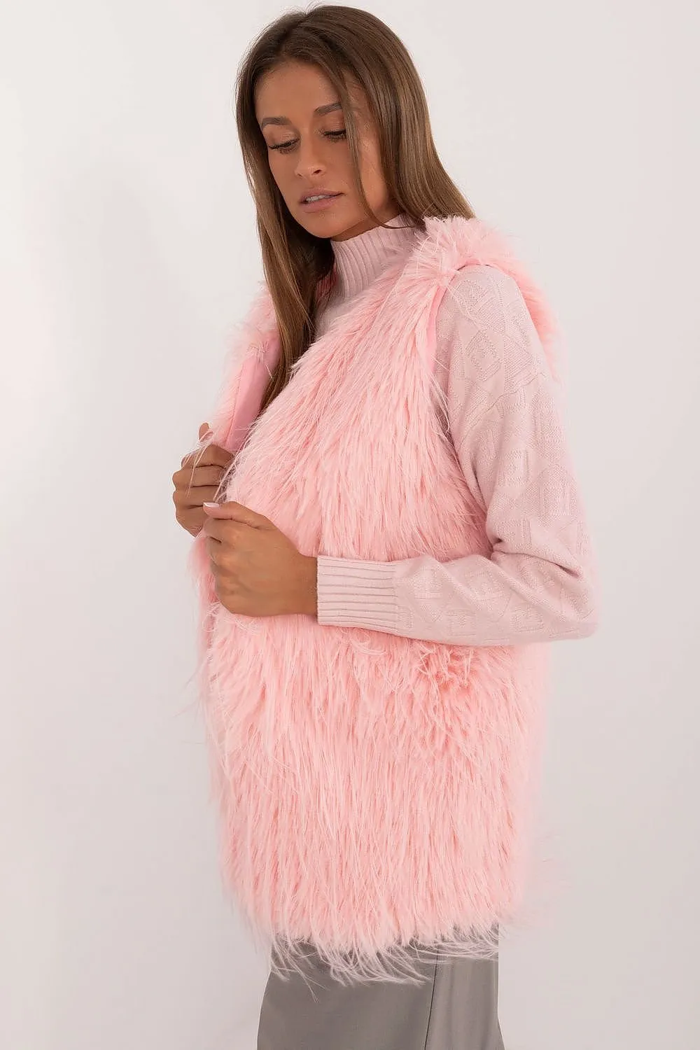 Women's Pink Furry Waist Length Vest Gilet