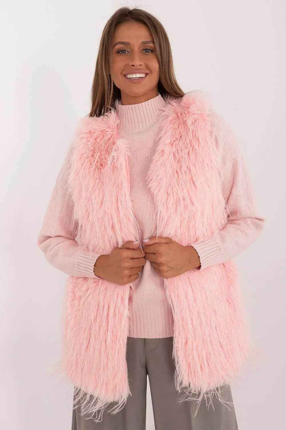 Women's Pink Furry Waist Length Vest Gilet